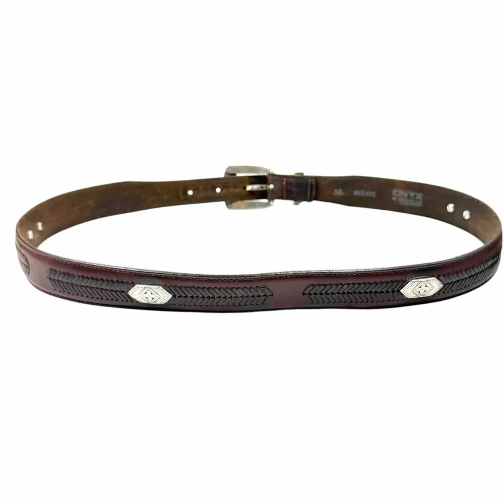 VTG Onyx by Brighton Brown Leather Dress Belt Silver Hardware Men Size 36 Y2K